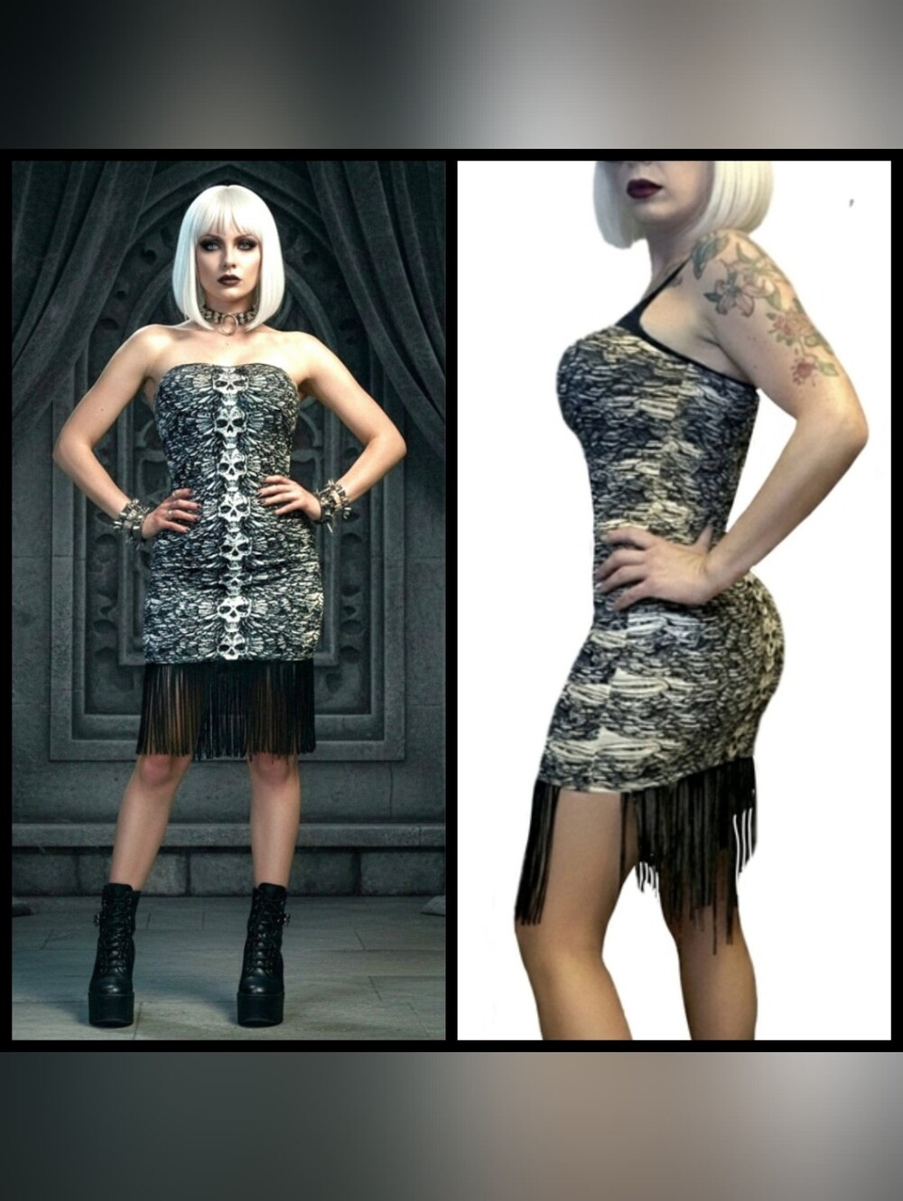 Vtg Lip Service white blk graphic skull wings tube top bodycon fringe dress XL - Picture 15 of 16
